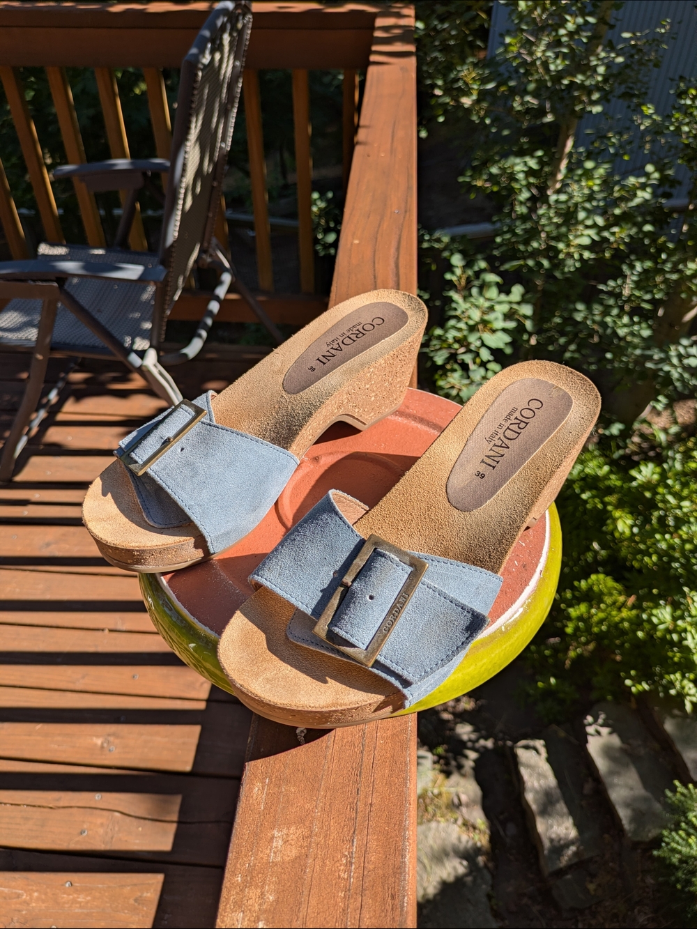 Cordani Light Blue Suede Buckle Wedge Mules